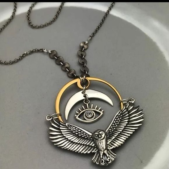 Silver gold titanium owl moon evil eye boho goth punk necklace new - Picture 6 of 7